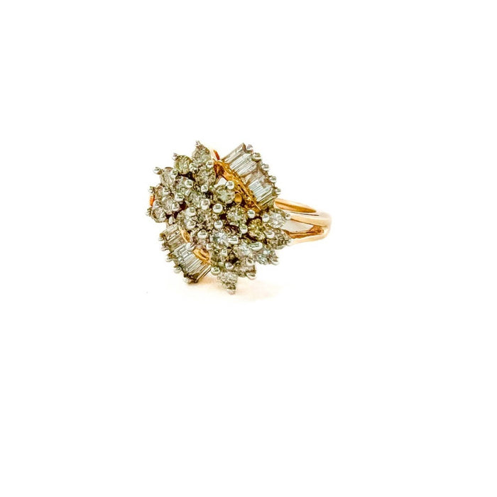 14K Yellow Gold Cluster Ring with Round and Baguette Diamond