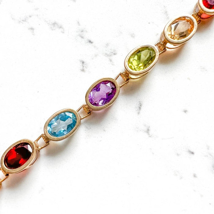 Vintage 14k Yellow Gold Oval Gemstone Rainbow Bracelet