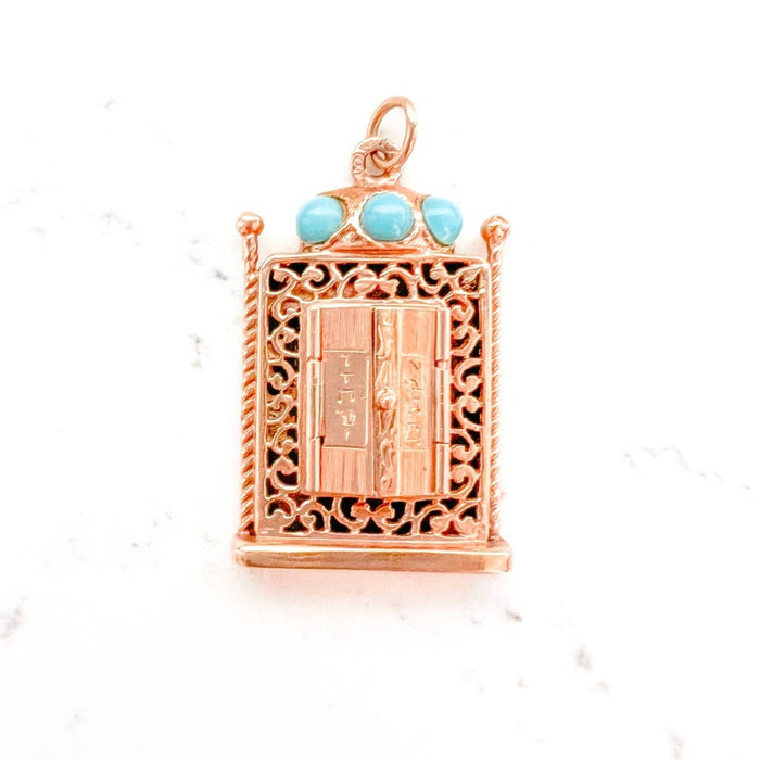 Vintage 14K Rose Gold Turquoise Torah Pendant