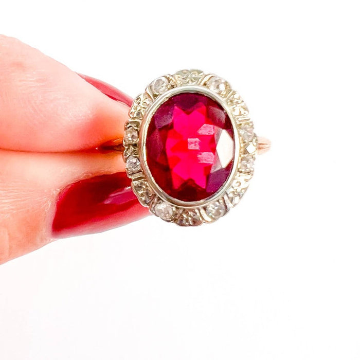 Antique Art Deco 14K Gold Red Garnet and Diamond Halo Ring