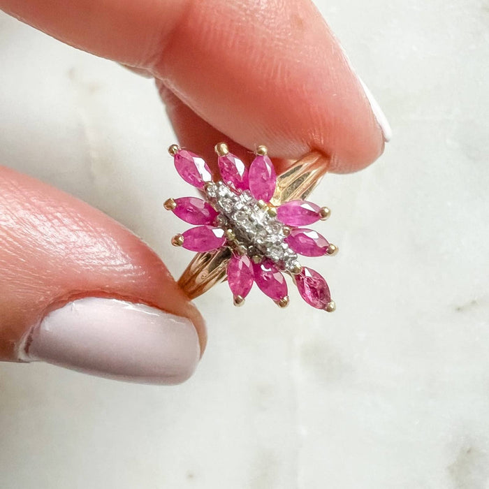 Vintage 10K Yellow Gold Marquise Ruby Cluster Ring