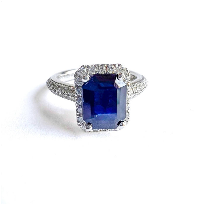 Vera Wang Emerald-Cut Blue Sapphire Halo Ring 18K White Gold