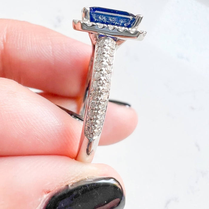 Vera Wang Emerald-Cut Blue Sapphire Halo Ring 18K White Gold