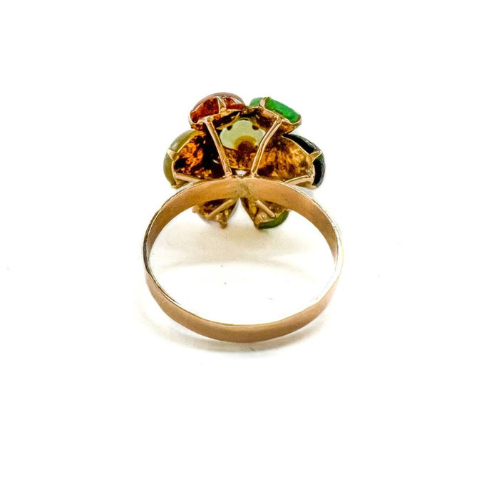 Multi Color Jade Flower Vintage Ring 14K Yellow Gold