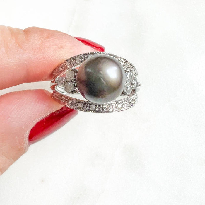 Tahini Pearl and Diamond Vintage Ring 14K White Gold