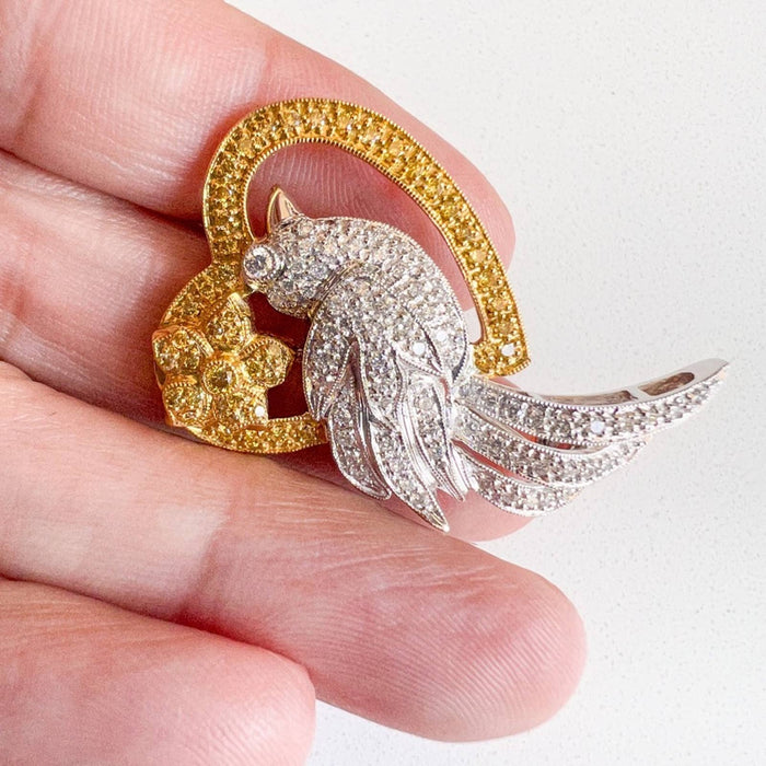 Vintage Diamond 18k Two Tone Gold Bird Brooch Pin