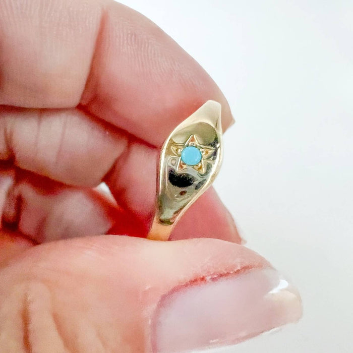 14K Yellow Gold Turquoise Star Dainty Signet Ring