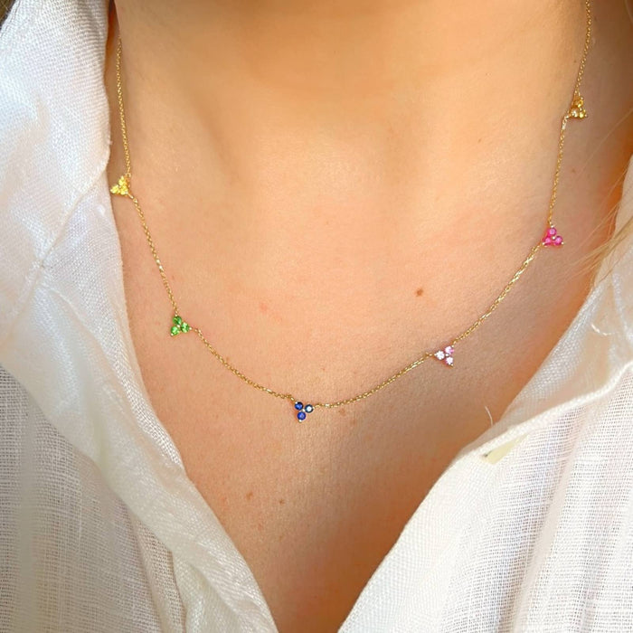 14K Yellow Gold Multi Rainbow Sapphire Station Necklace