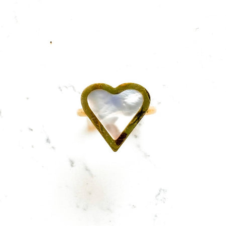 Mother Of Pearl Enamel Heart Ring 14K Gold