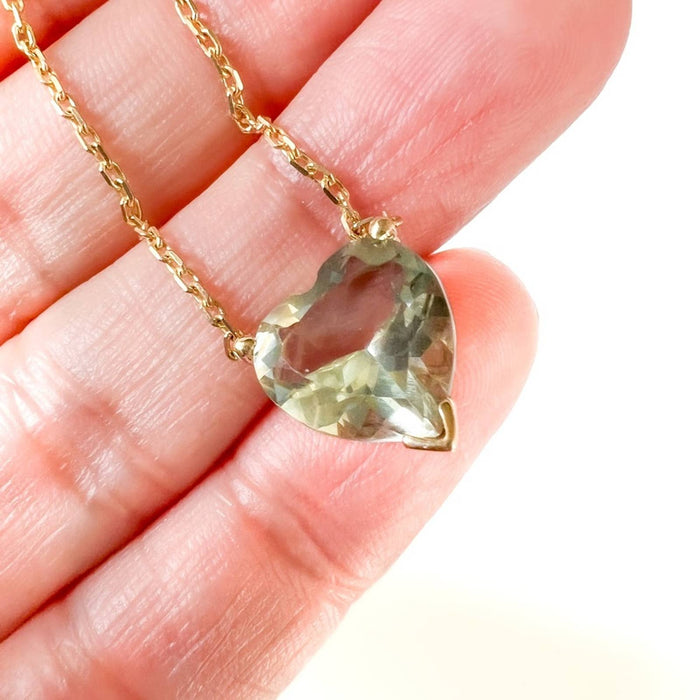 Green Amethyst Heart Necklace 14K Yellow Gold