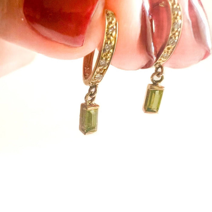 Green Tourmaline Diamond Hoop Earrings 14K Yellow Gold