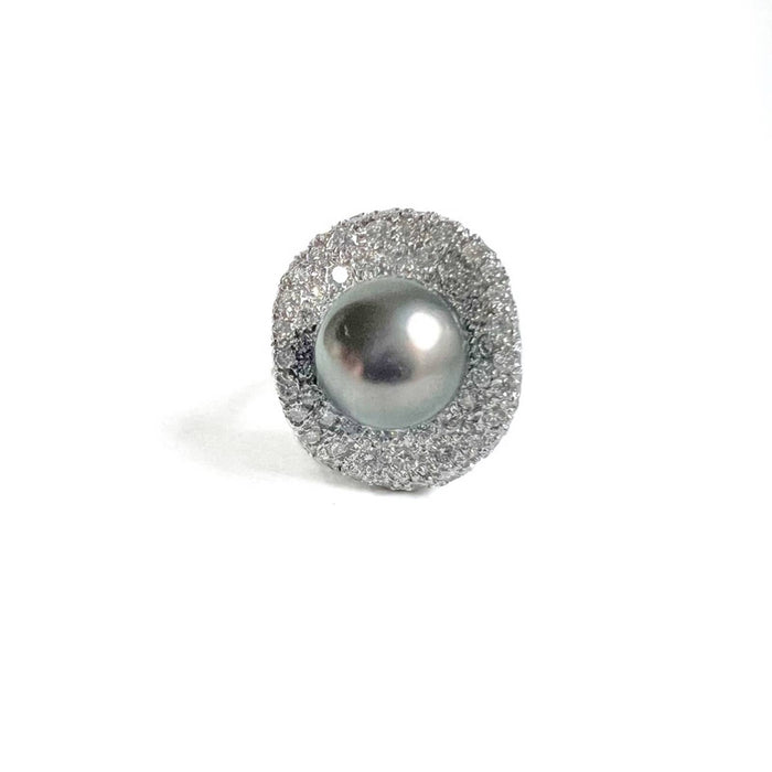 18K White Gold Tahitian Pearl And Diamond Cocktail Ring