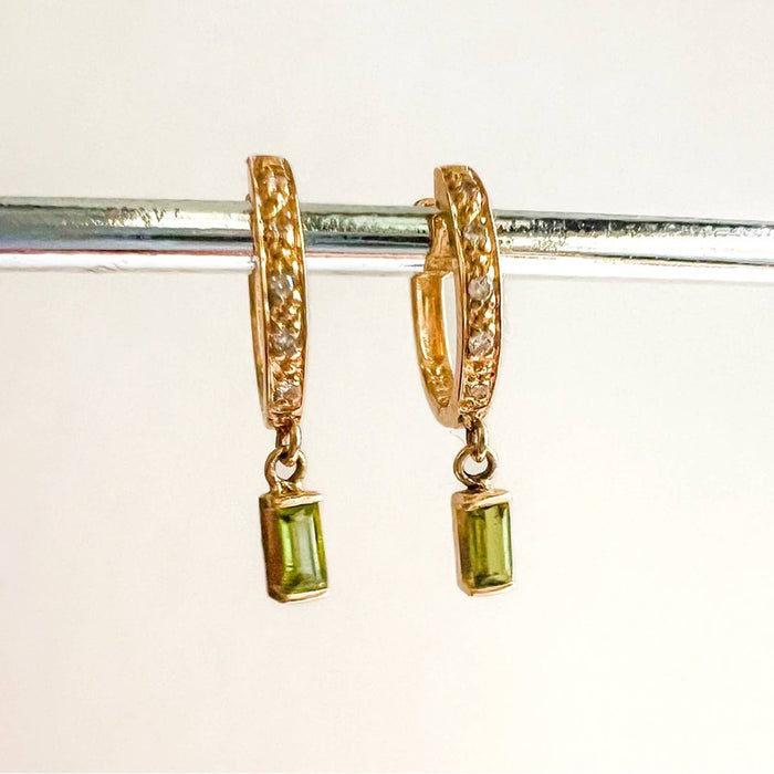 Green Tourmaline Diamond Hoop Earrings 14K Yellow Gold