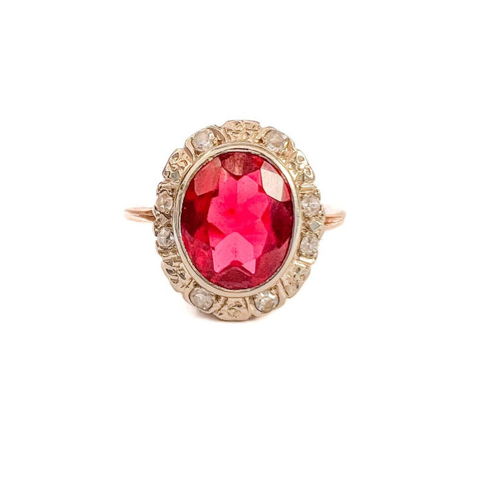 Antique Art Deco 14K Gold Red Garnet and Diamond Halo Ring