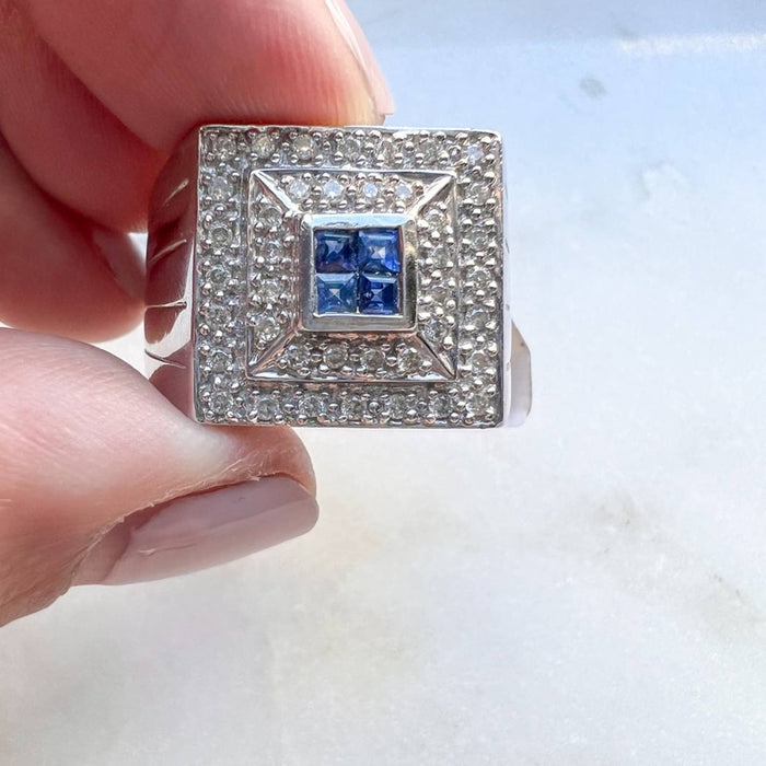 Men's 14K White Gold Blue Sapphire and Diamond Ring