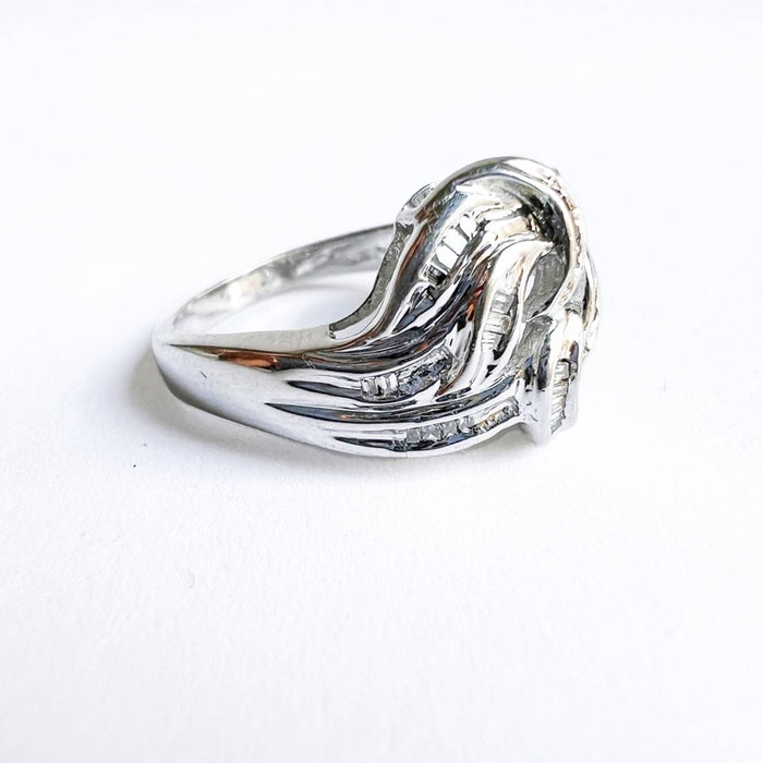 14K White Gold Baguette Diamond Swirl Vintage Ring