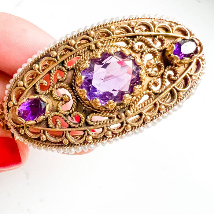 Antique Victorian Amethyst and Pearl Bangle Bracelet 14K Yellow Gold