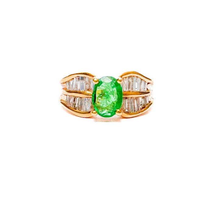 Emerald and Baguette Diamond Vintage Ring 18K Yellow Gold