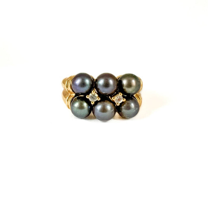 Vintage Tahini Pearl and Diamond Ring 14K Yellow Gold