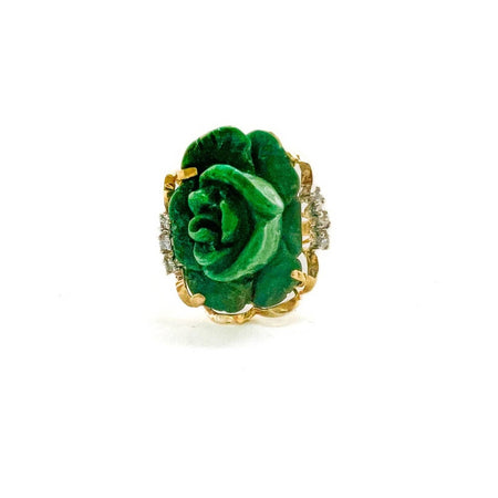 14K Yellow Gold Carved Rose Jade Diamond Vintage Ring