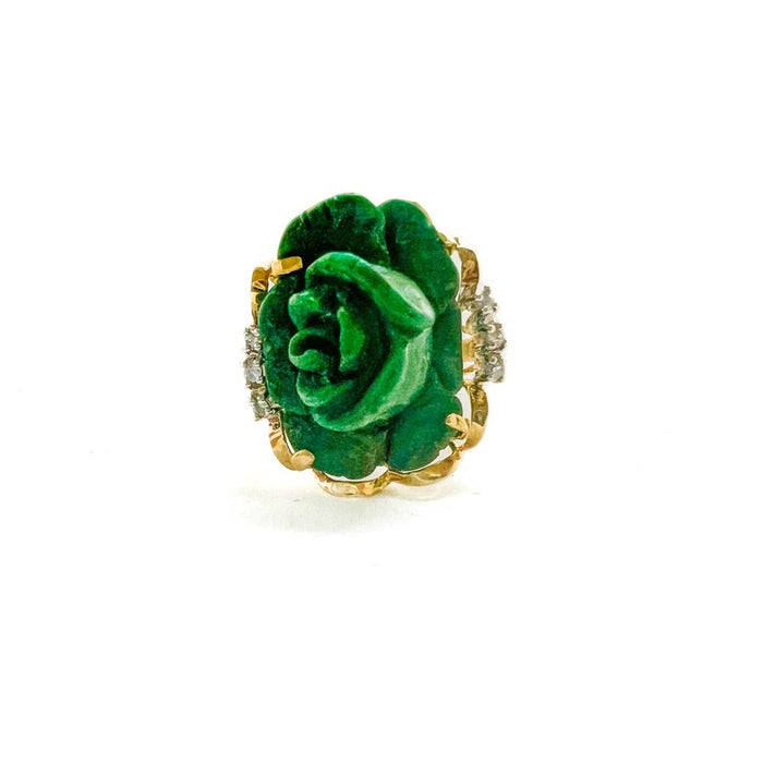 14K Yellow Gold Carved Rose Jade Diamond Vintage Ring