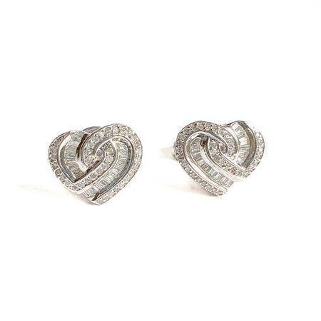 14k White Gold Round and Baguette Diamond Heart Stud Earrings