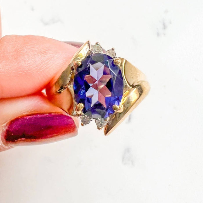 Vintage Tanzanite and Diamond Ring 14k Yellow Gold