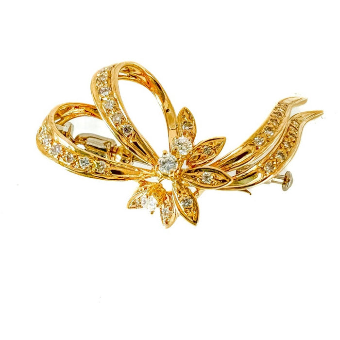 Vintage 14K Yellow Gold Diamond Ribbon Pin Brooch