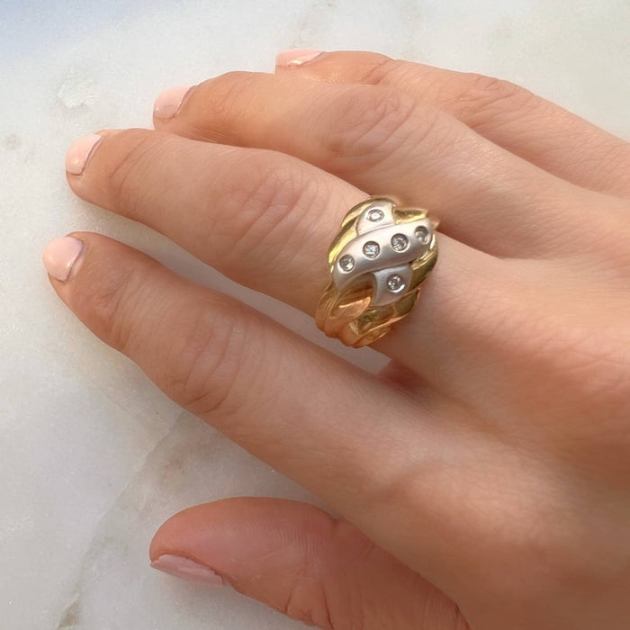 Vintage 14K Two Tone Gold X Diamond Puff Ring