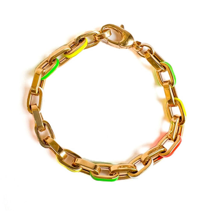 Oval Paperclip Link Bracelet Neon Enamel 14K Yellow Gold