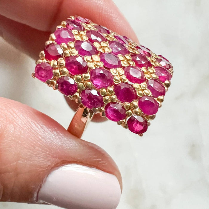 22K Yellow Gold Multi Ruby Large Cocktail Vintage Ring