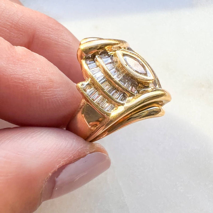 Vintage 14K Yellow Gold Marquise and Baguette Diamond Cocktail Ring