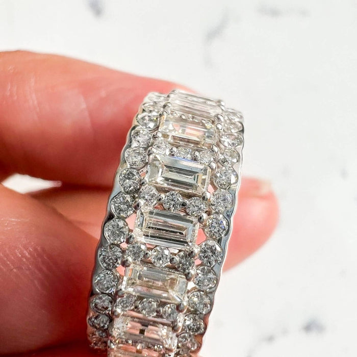 14K White Gold Baguette and Round  Diamond Band Ring