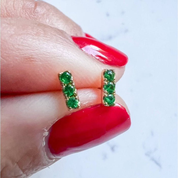 Mini Emerald Bar Stud Earrings 14K Gold