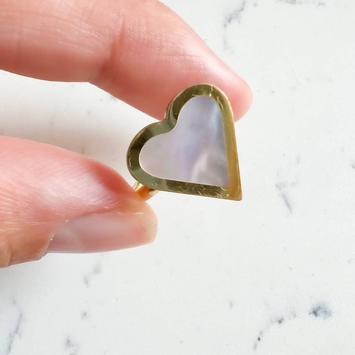 Mother Of Pearl Enamel Heart Ring 14K Gold