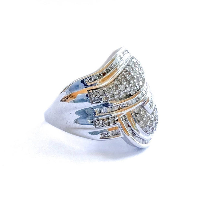 Baguette and Round Diamond Alternating Waves Ring in 14K White Gold