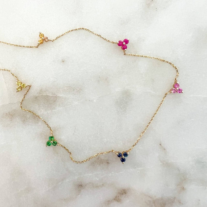 14K Yellow Gold Multi Rainbow Sapphire Station Necklace