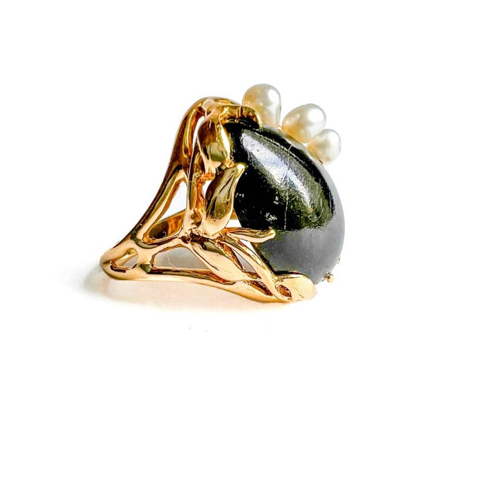 Vintage Onyx & Pearl Cocktail Ring 14K Yellow Gold