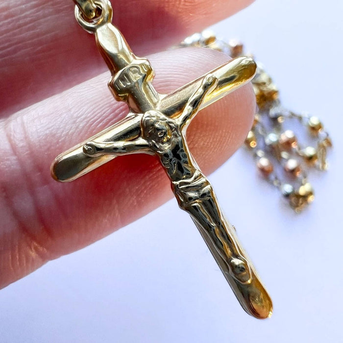 3mm Polished Cross Rosary Crucifix Chain Necklace 10K Yellow Gold