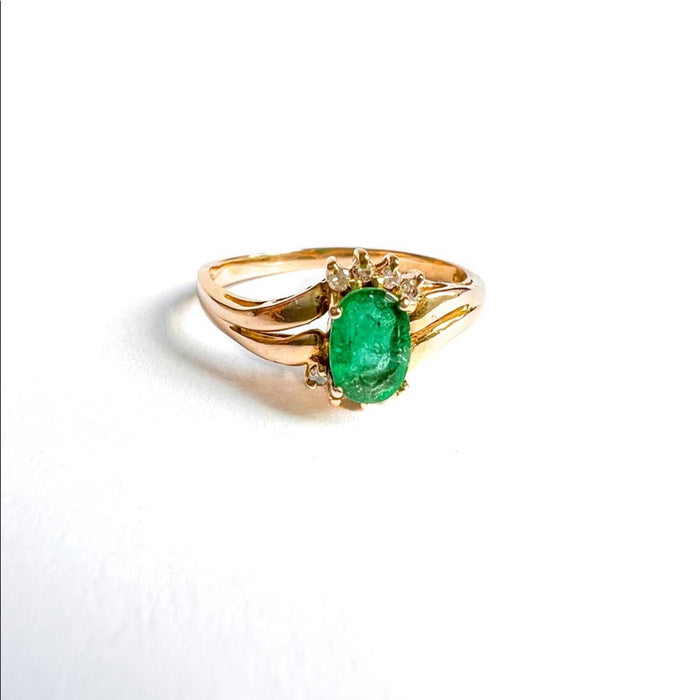 14K Yellow Gold Emerald And Diamond Cluster Ring