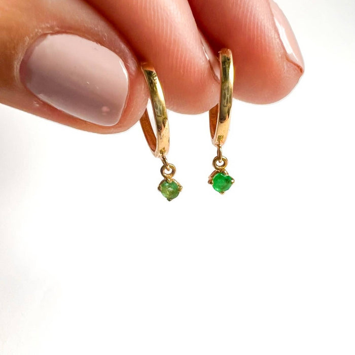 14K Yellow Gold Dangle Emerald Hoops