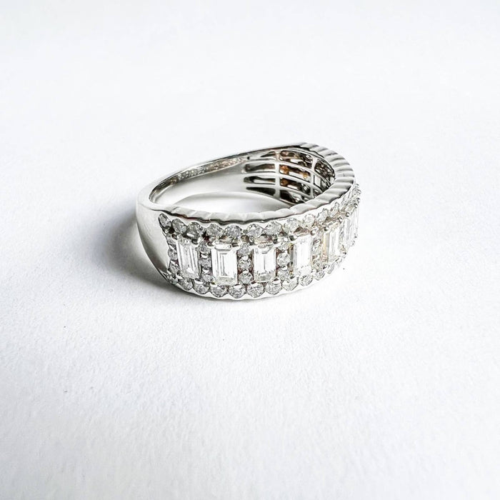 14K White Gold Baguette and Round  Diamond Band Ring