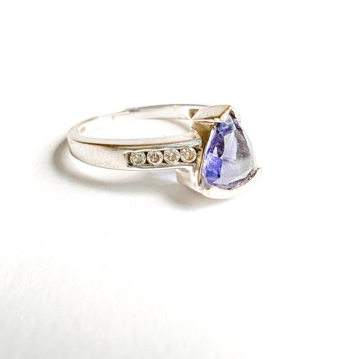 Trillion Tanzanite Solitaire Ring with Diamond Accents in 10K White Gold