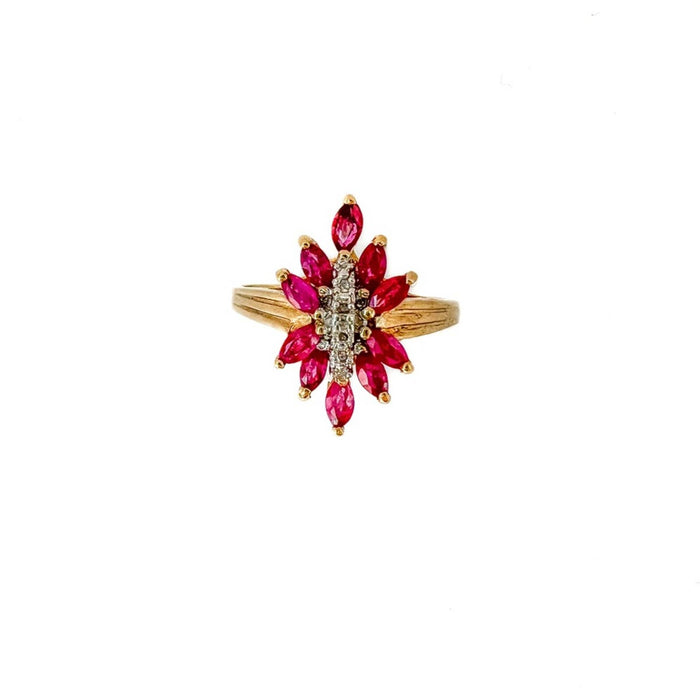 Vintage 10K Yellow Gold Marquise Ruby Cluster Ring