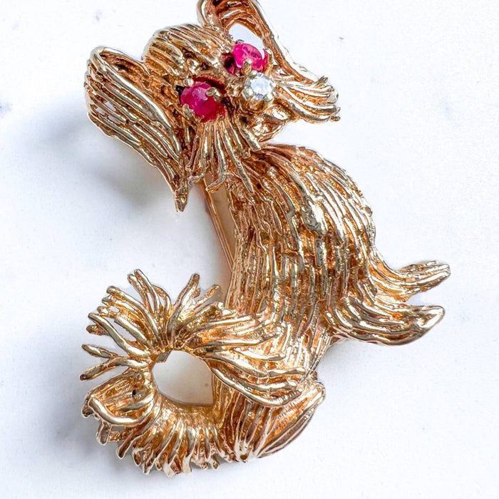 Ruby and Diamond Dog Vintage Pin Brooch 14K Yellow Gold