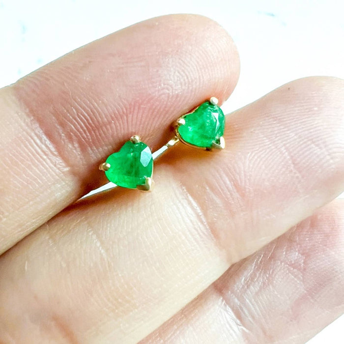 Heart-Shaped Emerald Stud Earrings 14K Yellow Gold