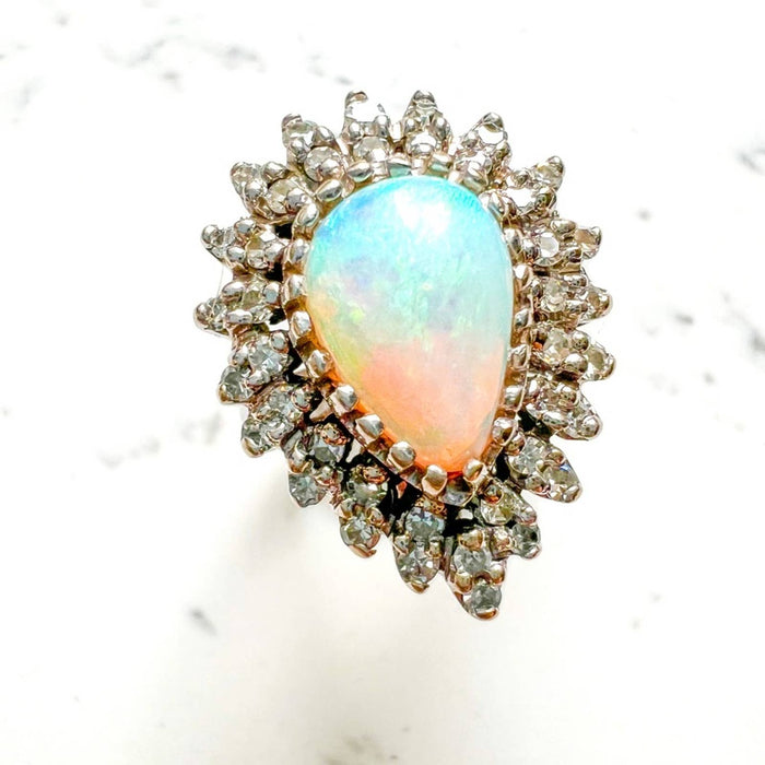 3 Carat Opal Diamond 14K White Gold Cocktail Ring