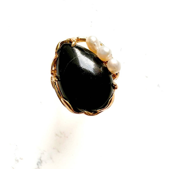 Vintage Onyx & Pearl Cocktail Ring 14K Yellow Gold