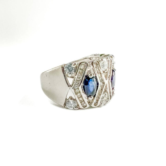 Art Deco Oval Sapphire and Diamond 14K White Gold Vintage Ring