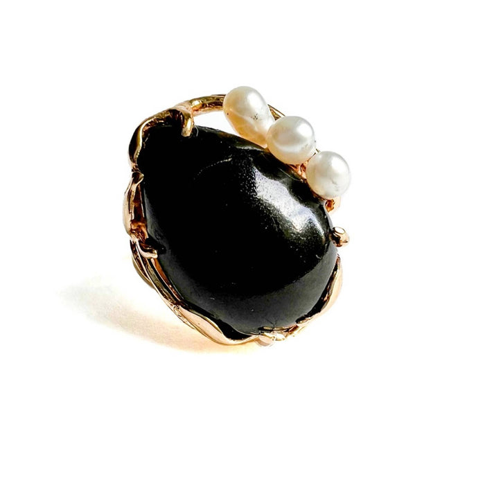 Vintage Onyx & Pearl Cocktail Ring 14K Yellow Gold